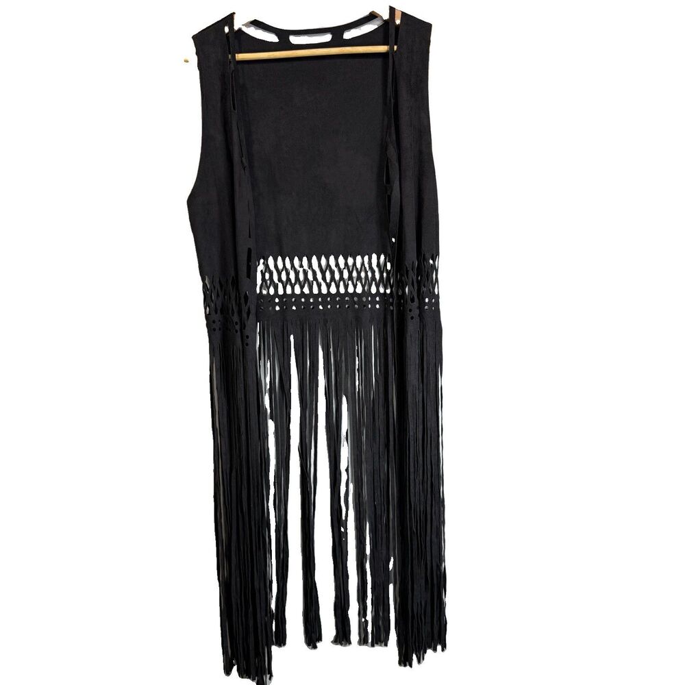 Women's One Size Boho Faux Suede Laser Cut Hippie Fringe Vest Festival Black